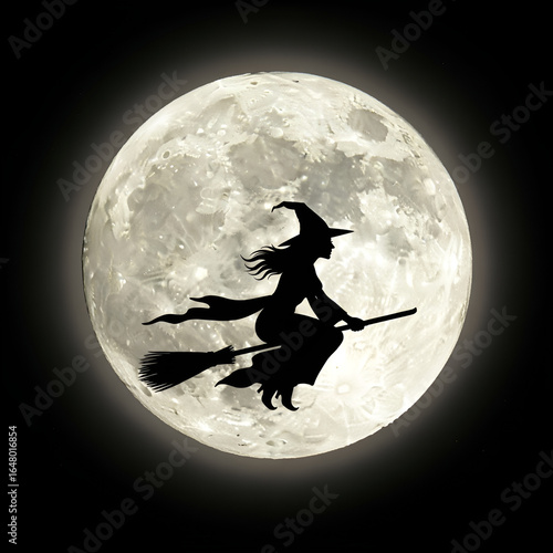 Halloween witch flying on broom silhouette in front of full moon spooky night background design
