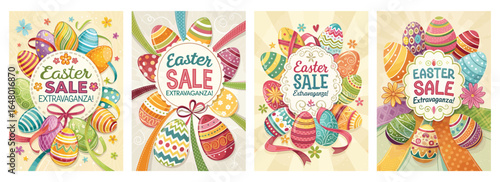 Colorful Easter sale banners with decorative eggs and flowers, perfect for seasonal promotions.