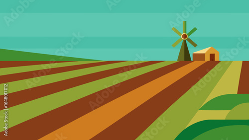 Cartoon vector illustration of a winding road in a vibrant green landscape with a bright blue sky and fluffy clouds leading toward the sea