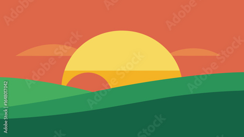 Landscape with green hills under a sky at sunset or sunrise, a vibrant summer illustration of nature