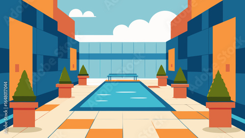 Vibrant houses and a modern building overlooking a luxurious resort with an outdoor swimming pool on a summer vacation