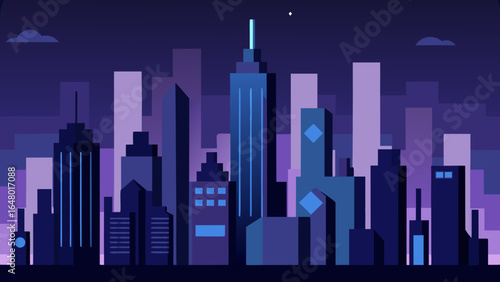 Urban city skyline with towering skyscrapers and business buildings against a dark night sky