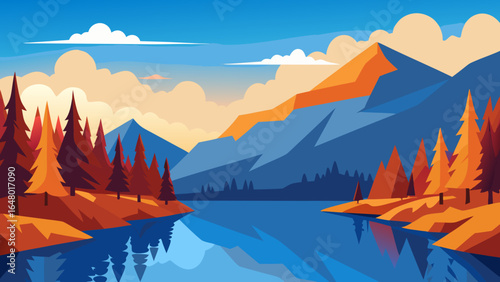 Colorful summer clouds reflect on a serene mountain lake at sunset, creating a breathtaking panorama of nature's beauty