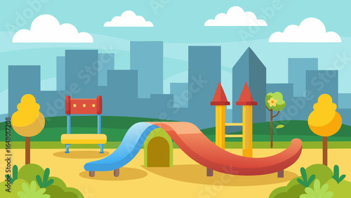 Colorful summer playground in a city park with a cartoon illustration of children playing, vector drawing of a house with a green tree, bright sun in the sky and a road