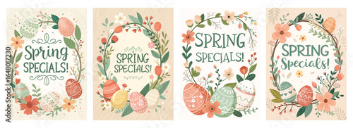 Cute illustrations of spring specials featuring pastel colors, floral designs, and decorated eggs.