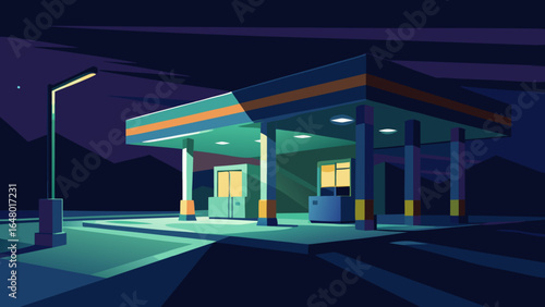 An empty commercial gas station building and its pumps with a blue sky at night