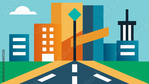 Vector illustration of a city street with buildings, houses, and business offices on a highway leading to the urban landscape
