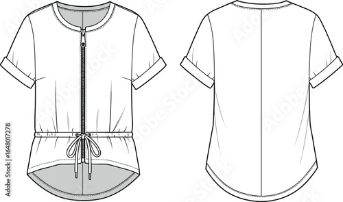 Short sleeve women’s blouse with front zipper and waist tie detail, casual top fashion design, cad drawing flat vector illustration