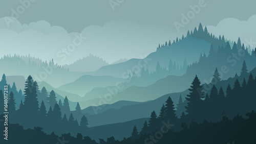 Snowy mountain peaks emerge from a misty morning forest landscape