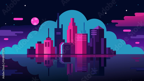 A silhouette of a dark city skyline at night with lights and stars, and a shining moon in the sky
