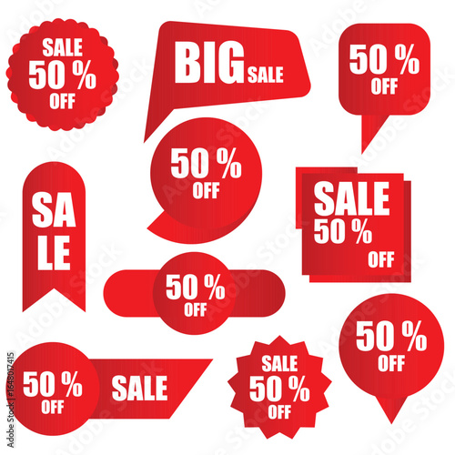 A collection of red sale tags and signs isolated on a white background, highlighting 50% off discounts and promotional sales for use in marketing materials.