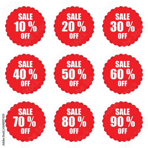 Nine red circular sale badges with scalloped edges showcasing discount percentages from 10% to 90%. The badges are against a white background, perfect for advertising.