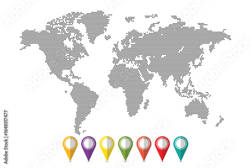 A dotted world map rendered in black and white, features multiple colored location pins marking diverse points across continents. Ideal for global themes and travel.
