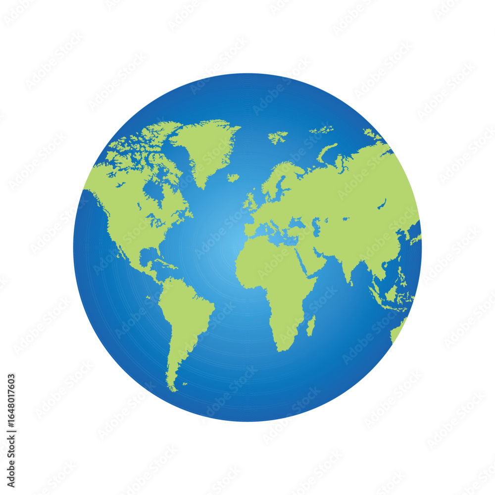 Naklejka premium This is a simplified graphic of the Earth, featuring green continents surrounded by a gradient of blue ocean, viewed from a vantage point that shows Europe and Africa.