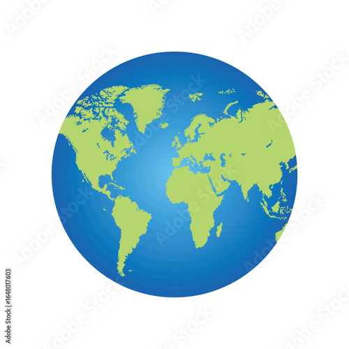 This is a simplified graphic of the Earth, featuring green continents surrounded by a gradient of blue ocean, viewed from a vantage point that shows Europe and Africa.