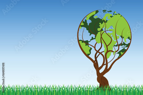 Stylized tree featuring the world map as its leafy canopy. The scene is set against a gradient blue sky and a patch of green grass, symbolizing nature.