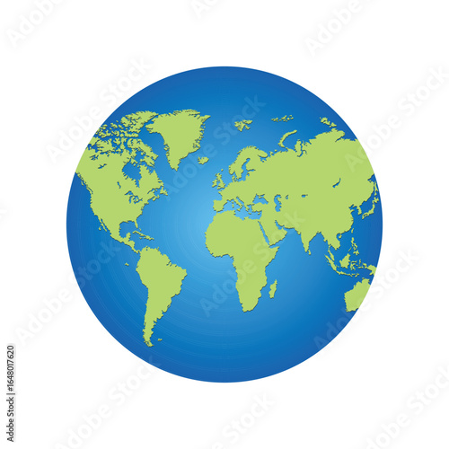 This image presents a world map in a circular format. The landmasses are green, contrasting with the blue oceans, against a white background. It's a simple and clean illustration.