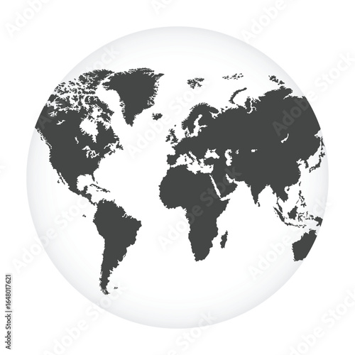 A grayscale illustration of a world map on a spherical globe against a white backdrop, clearly displaying continents and oceans in muted tones.