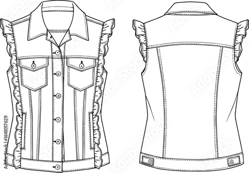 Women’s sleeveless denim vest with ruffle trim and button front, fashion apparel cad vector illustration