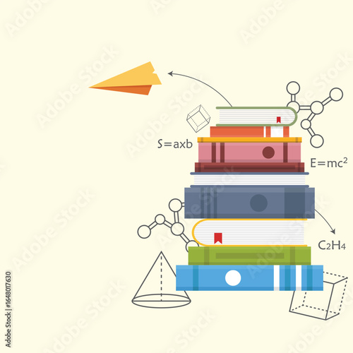 A whimsical illustration features a stack of colorful books, adorned with various math formulas and scientific diagrams, with a paper airplane flying above it.