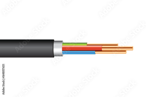 A detailed close-up of a cut electrical cable, revealing insulated color-coded wires like blue, green, and orange. The cable is isolated against a stark white background.