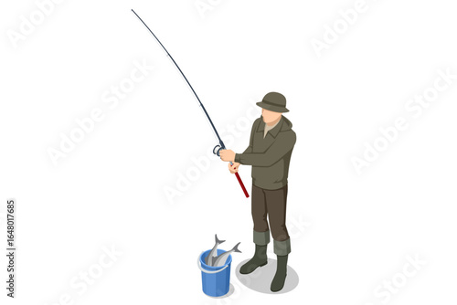 Isometric illustration of a fisherman holding a fishing rod with a bucket of caught fish, wearing outdoor clothes and boots. Summer leisure concept.