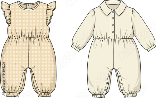 Baby romper set with flutter sleeves and collared design, stylish infant outfits, cad drawing flat vector illustration