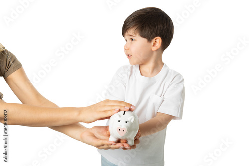 Boy with Piggy Bank, PNG, isolated on transparent Background