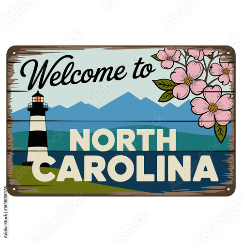 Rustic Welcome to North Carolina Sign with Lighthouse and Dogwood Flowers