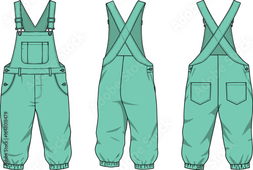 Green denim overalls with adjustable straps and pockets, casual kids dungarees design, cad drawing flat vector illustration