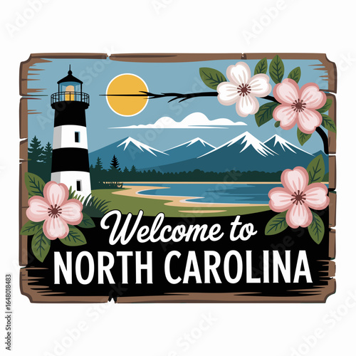 Rustic Welcome to North Carolina Sign with Lighthouse and Dogwood Flowers