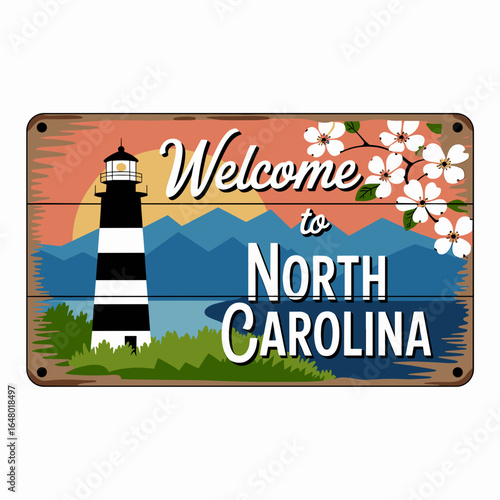 Rustic Welcome to North Carolina Sign with Lighthouse and Dogwood Flowers