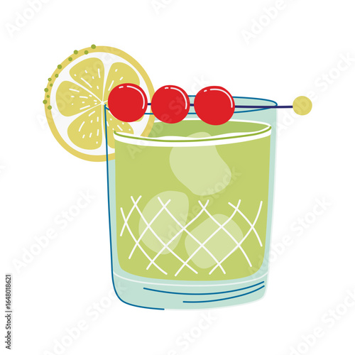 Midori Sour Cocktail. Glass with beverage, ice, lemon wheel, cherries. Alcohol drink made from vodka. Hand drawn flat design vector illustration.