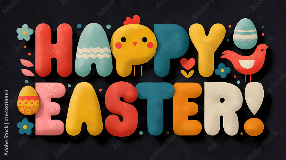 Obraz premium A vibrant Easter greeting card featuring the text Happy Easter with charming chicken illustrations and colorful Easter eggs. This festive design captures the joy of spring celebrations, perfect for