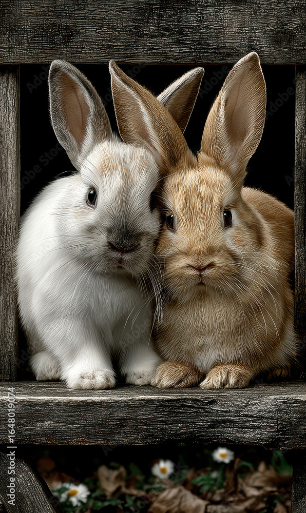 Obraz premium Bunny duo nuzzling on rustic plank