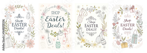 Cheerful Easter promotional banners with floral designs and colorful egg motifs, perfect for seasonal shopping.