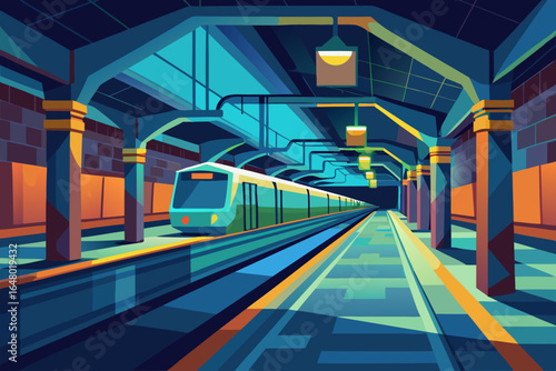 Blurry motion of a subway train moving rapidly through an underground station, its lights illuminating the dark tunnel