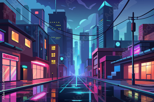 City traffic streaks past towering urban buildings on a bustling street at night