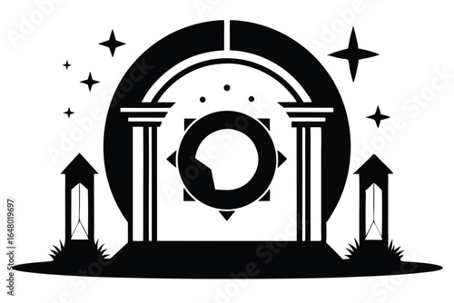 Stylized Black Portal with Columns, Lanterns, Stars, and Circular Geometric Symbol Silhouette