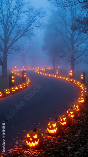 Enchanting Halloween Night Drive Lined with Glowing Jack-o-Lanterns Foggy Atmosphere