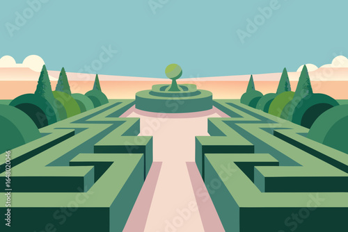 A complex green labyrinth presents a business challenge, with a clear path to success and a strategic solution