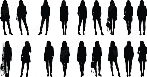Silhouettes of Stylish Women Standing in Different Poses, Fashionable Female Figures with Handbags, Skirts, Dresses, Vector Fashion Illustration Set