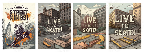 Graphic illustration showcasing urban skateboard culture with vibrant colors and dynamic designs.