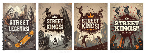 Dynamic street art showcasing skateboarders in an urban setting, exuding an energetic and youthful vibe.