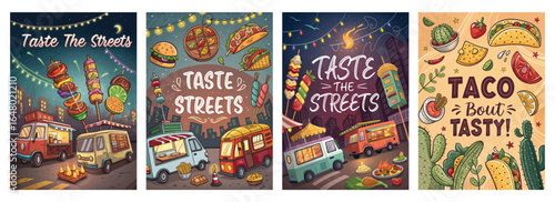 Colorful street food illustrations celebrating diverse food options and vibrant nightlife.