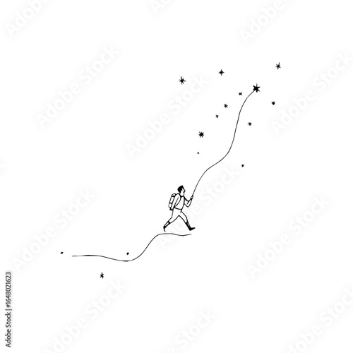 Man with backpack reaching for a star with a winding path and scattered stars around him in black and white