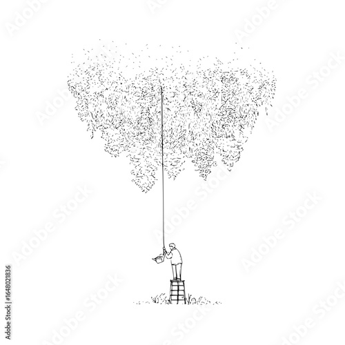 A person on a ladder using a bucket and pole to reach a large mass of leaves in black and white art
