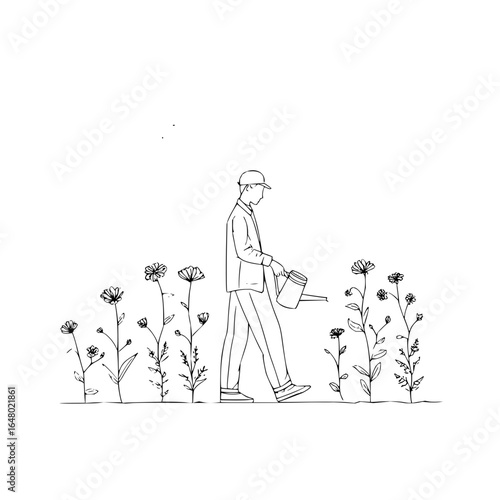 A man in a hat watering flowers with a watering can in a black and white line drawing illustration
