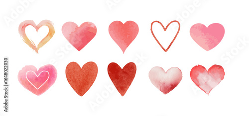 Watercolor hearts, love painted heart shapes
