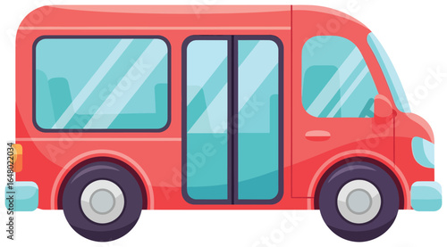 minibus vector illustration of a small passenger public transport vehicle in flat style with red body and large windows created for urban travel commuting and mobility themed creative design projects
